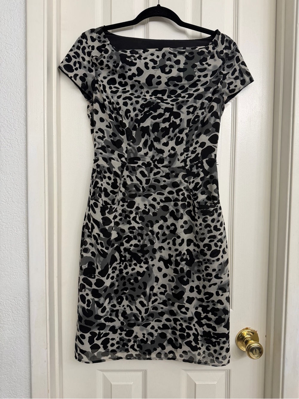 7011 Animal Print Petite Sophisticate Black and Gray Leopard Print Sheath Dress